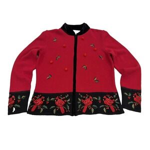 Tiara International Christmas Collection  Size S Black Red Bird Sweater Zipper